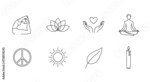 A collection of eight simple line drawings depicting wellness symbols, including a person doing yoga, a lotus flower, hands holding a heart, a meditating figure, peace sign, sun, leaf, and a candle.