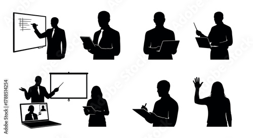 Silhouette illustrations of professionals engaging in various office tasks such as presenting, writing, and communicating through virtual meetings.