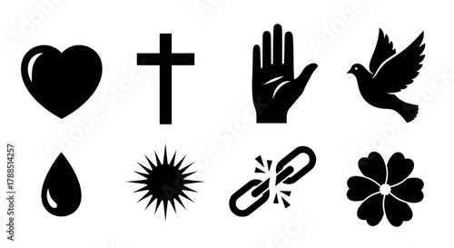 Black silhouette icons representing a heart, cross, hand, dove, drop, sunburst, broken chain, and four-leaf clover, symbolizing various concepts.