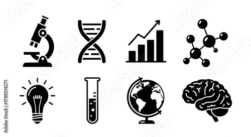 Black and white icons of scientific tools and concepts, including a microscope, dna helix, growth chart, molecular structure, light bulb, test tube, globe, and brain.