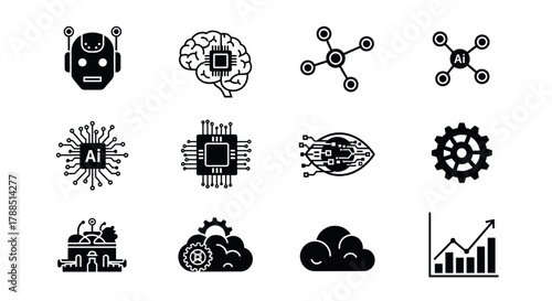 Black icon set featuring various futuristic technology symbols including robotic head, brain with microchip, and digital network nodes representing ai advancements.