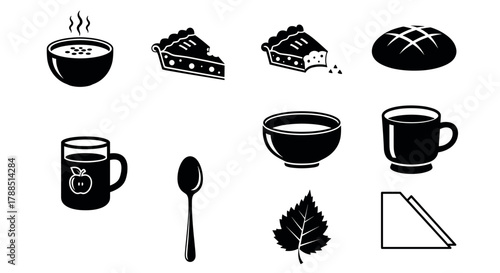 Black silhouette icons of a bowl of soup, two slices of pie, a loaf of bread, a mug with an apple symbol, a spoon, a leaf, and a stack of papers.