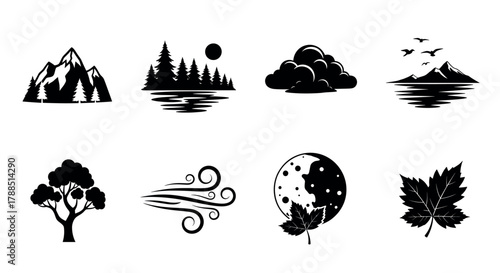 Black silhouette icons depicting nature elements including mountains, forest, cloud, birds, tree, wind, moon, and a leaf.