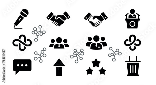Black icons representing various communication and teamwork activities, including a microphone, handshake, podium, people, and rating stars.