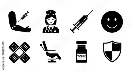 Black silhouette icons depicting medical themes, including a syringe, nurse, smiling face, bandages, dental chair, vaccine vial, and shield symbol.