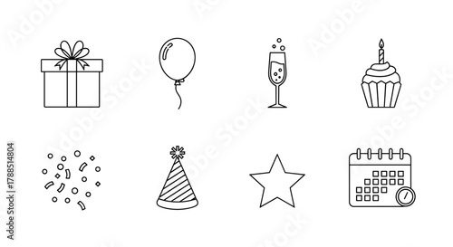 Minimalist black outline icons representing a gift box, balloon, champagne glass, cupcake, confetti, party hat, star, and calendar for celebration themes.