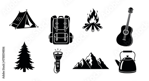 Black silhouette icons of camping essentials including a tent, backpack, campfire, guitar, tree, flashlight, mountain, and kettle.