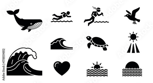Black silhouette icons depict various ocean-themed elements, including a whale, swimmer, diver, seagull, wave, turtle, sun, and heart symbol.