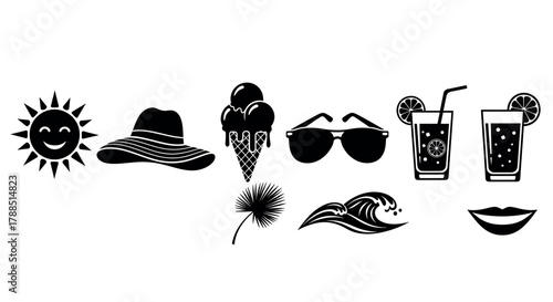 Black silhouette icons depicting summer elements including a smiling sun, beach hat, ice cream cone, sunglasses, tropical drinks, and ocean waves.