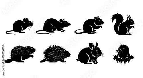 Black silhouettes of various small rodents including mice, rats, a squirrel, a beaver, a porcupine, and a mole in side view.