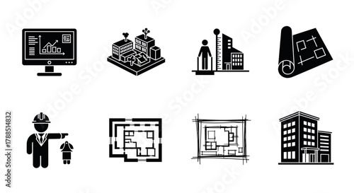 Black silhouette icons representing various architecture and construction elements including floor plans, a construction worker, and building structures.