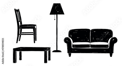 Black silhouette icons of a wooden chair, floor lamp, rectangular coffee table, and a plush sofa on a white background.