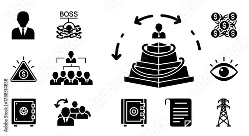 Black and white icons representing business concepts including leadership, teamwork, money, security, power, and communication.