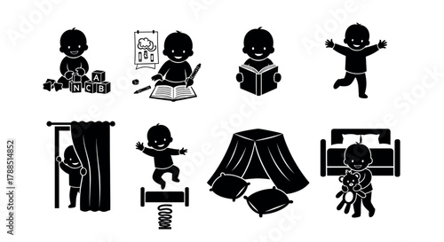 Black silhouette icons of young children engaged in various playful activities and educational tasks, including reading, drawing, and playing with toys.