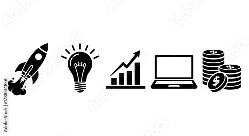 Black icons representing a rocket launch, a light bulb, a graph with an upward arrow, a laptop, and stacks of coins with dollar signs, symbolizing innovation and financial growth.
