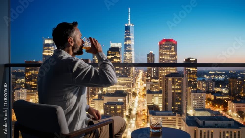 Man Drinks Whiskey and Enjoys City View From Balcony at Night