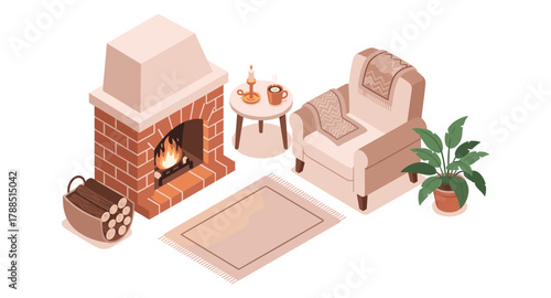 Cozy living room with fireplace and armchair in isometric style