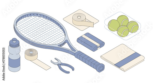 Isometric tennis equipment set featuring racket and accessories