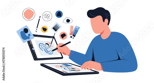 Digital artist creating illustrations on tablet with stylus