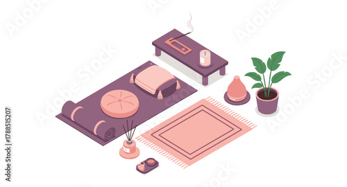 Modern isometric yoga decor with relaxing home elements in soft tones