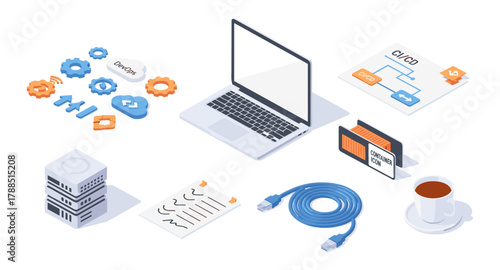 Isometric devops workspace with laptop, cloud icons, and ci/cd flowchart