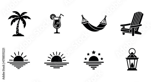 Black silhouette icons of a palm tree, a tropical drink with a straw, a hammock, an adirondack chair, three variations of a sunset, and a lantern.