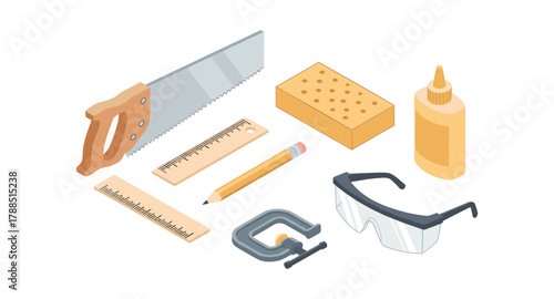 Isometric woodworking tools set with safety gear and glue bottle