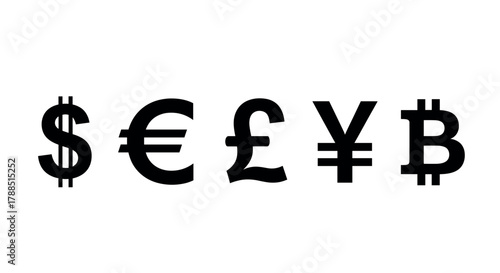 Black symbols of major currencies including dollar, euro, pound, yen, and bitcoin in a horizontal arrangement.