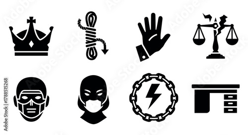 Set of bold black icons depicting symbols such as a crown, rope with knot, hand with cuff, justice scales, masked faces, chain with lightning, and a desk.