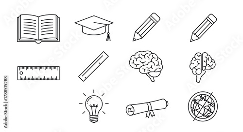 Black outline vector icons of academic tools including open book, graduation cap, pencils, rulers, brain, light bulb, diploma, and globe, representing education themes.