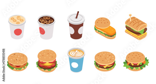 Isometric fast food icons: burgers, drinks, and sandwiches in flat design