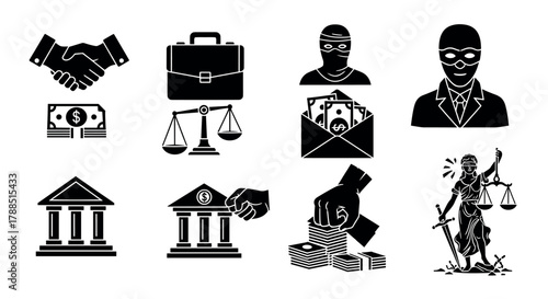 Black and white icon set illustrating business concepts with handshake, briefcase, money, bank, and justice symbols representing financial and legal themes.