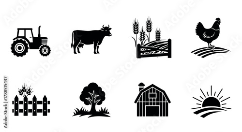 Collection of black silhouette icons showcasing a tractor, a cow, wheat stalks by a fence, a chicken on farmland, a fence with wheat, a tree, a barn, and a rising sun.