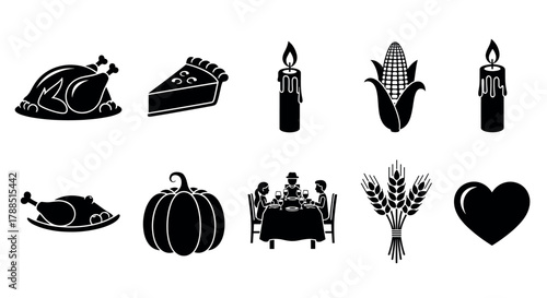 Black silhouette icons depicting thanksgiving elements, including turkey, pie, candle, corn, pumpkin, dining scene, wheat, and heart.