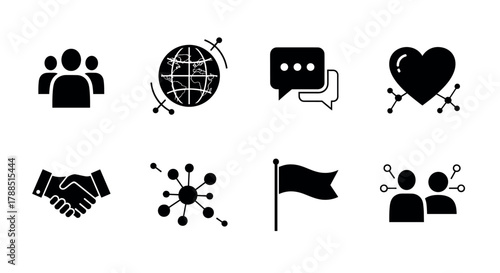 A collection of eight black icons depicting social interaction, global connectivity, communication, love, partnership, networking, a flag, and teamwork.