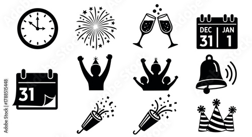 Black silhouette icons representing new year's eve celebrations with elements such as fireworks, champagne glasses, and party hats.