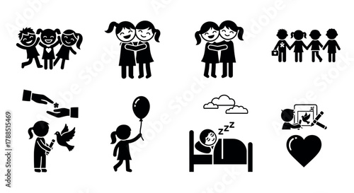 Silhouette icons depicting children engaging in various activities, including playing, sharing, and sleeping, illustrating themes of friendship, peace, and learning.