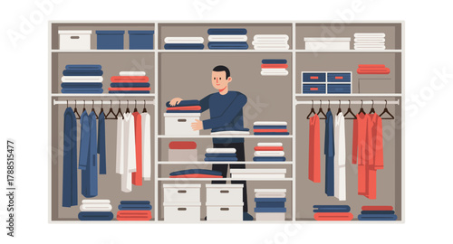 Organized closet space with person arranging clothes in modern minimalist style