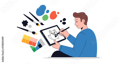 Digital art creation with tablet and stylus for children's cartoon design