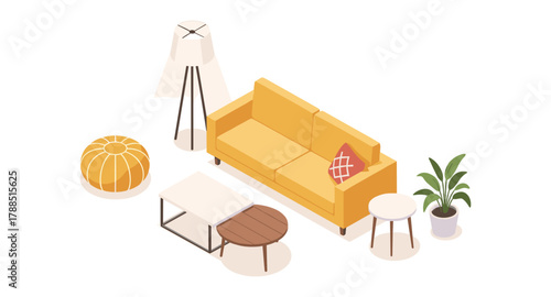 Isometric modern living room design with contemporary furniture and decor elements