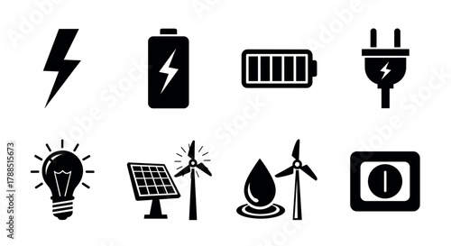 Black and white icons depicting energy concepts including a battery, electric plug, light bulb, solar panel, wind turbines, water drop, and power switch.