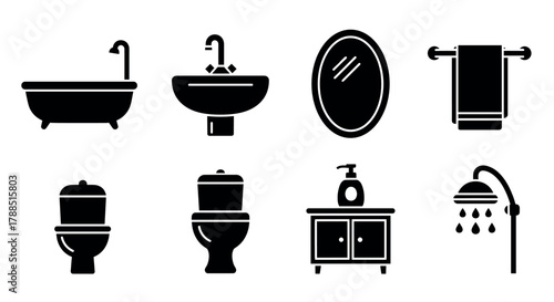 Black silhouette icons of bathroom essentials including a bathtub, sink, mirror, towel, toilet, cabinet, and shower with water droplets.