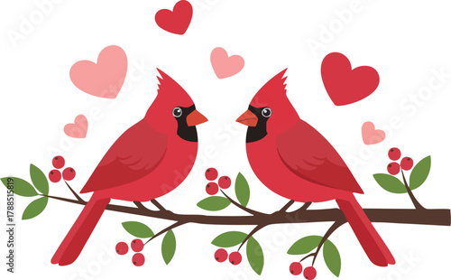 Two red cardinals sit closely on a berry branch, surrounded by floating pink hearts