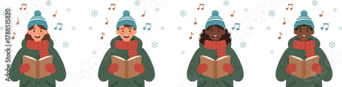 Four warmly dressed people sing from songbooks, with musical notes floating around them in winter