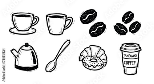 Hand-drawn black outline icons depicting a coffee cup, mug, coffee beans, kettle, spoon, donut, croissant, and a takeaway coffee cup.