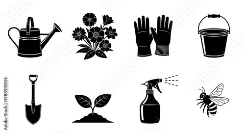Black silhouette icons of gardening tools and elements, including a watering can, flowers, gloves, bucket, shovel, plant, spray bottle, and bee.