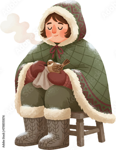 A warmly dressed person sits on a stool, gently tending to a small bird in winter