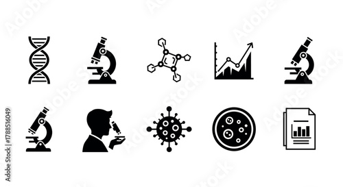 Eight black outline vector icons depicting a dna strand, microscopes, molecular structure, data chart, scientist, virus, petri dish, and a scientific report.