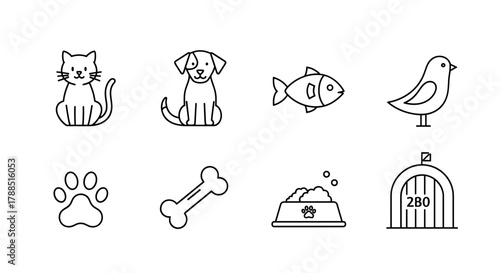 Black outline icons of a cat, dog, fish, bird, paw print, bone, food bowl, and pet house, representing various elements of pet care.
