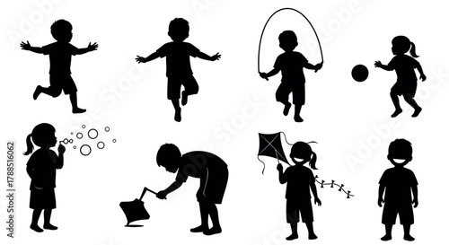 Silhouette illustrations of young children engaged in various outdoor activities, including running, jumping rope, blowing bubbles, and flying a kite.